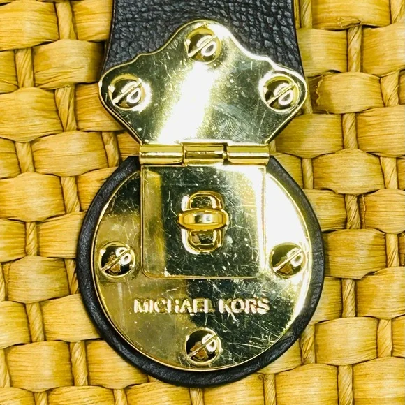 Michael Kors Santorini Raffia Woven Handbag Tote, Brown Leather/Gold Chain Strap - Picture 3 of 15